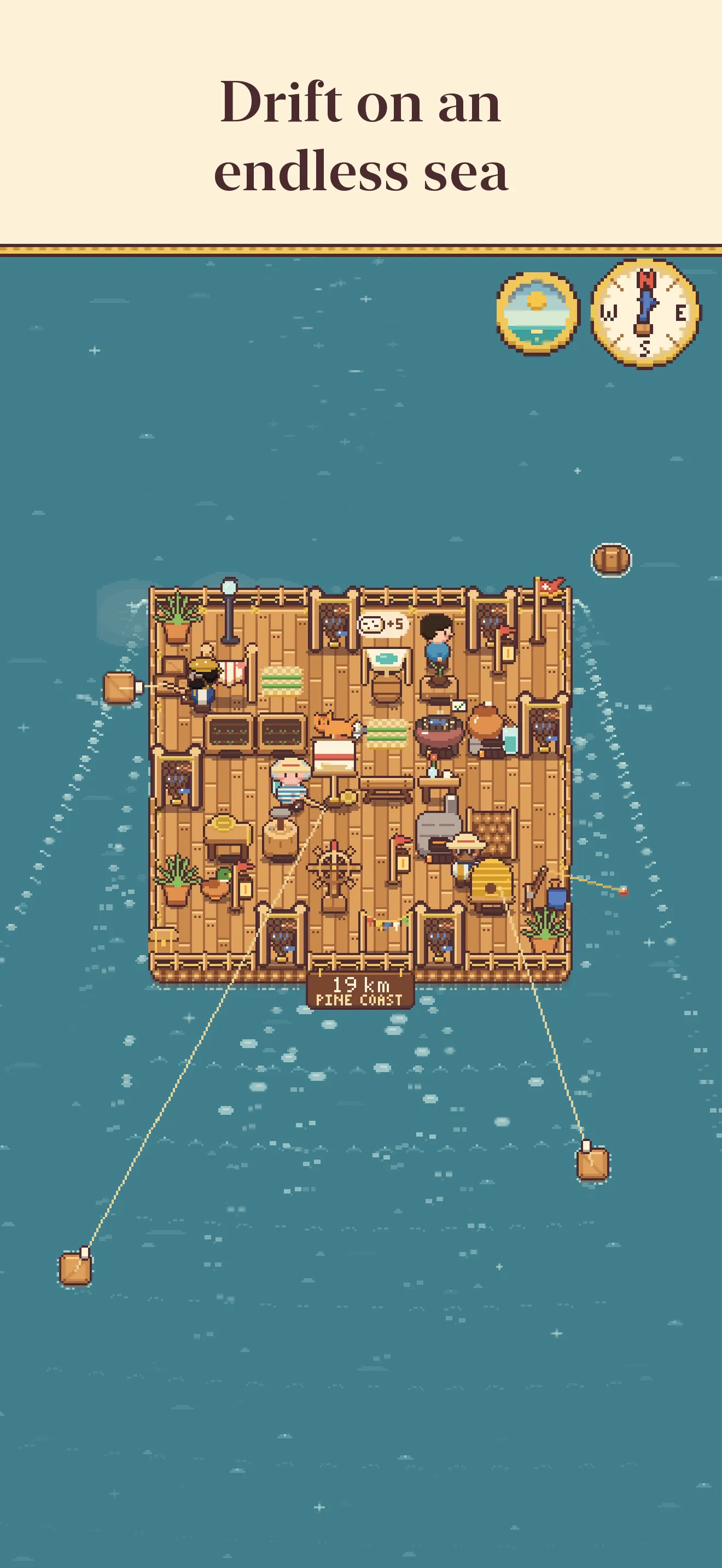A raft full of stations and crew drifting on a teal sea, 19 km into the Pine Coast